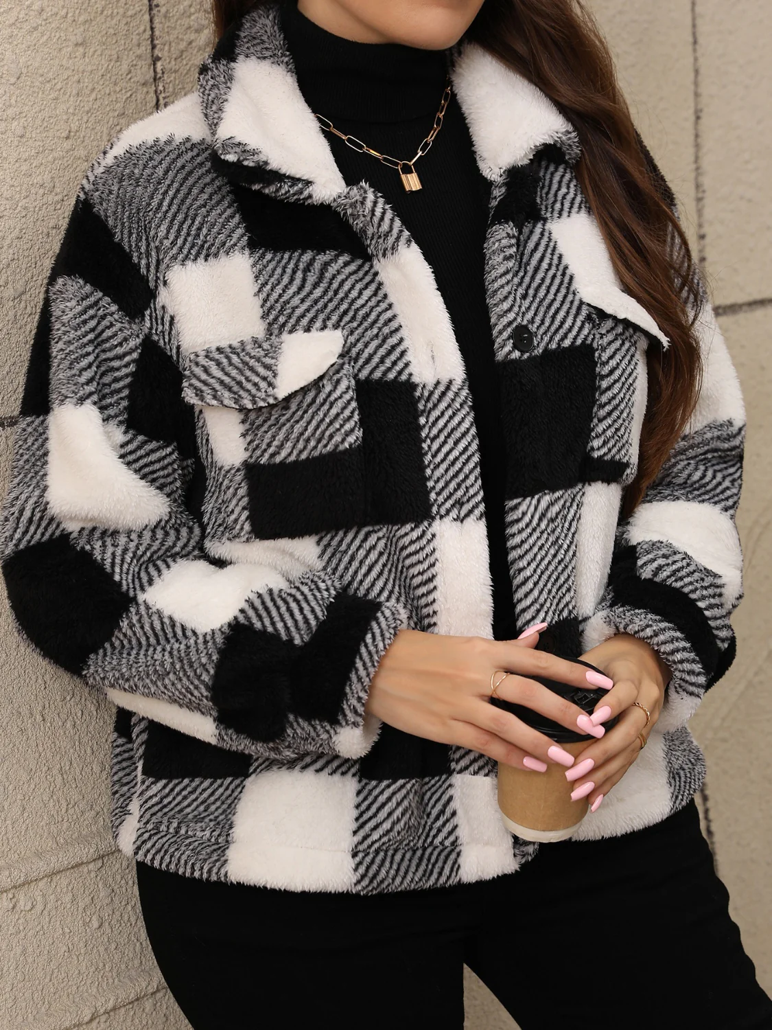 Plus Size Pocketed Plaid Collared Neck Jacket - Image 4