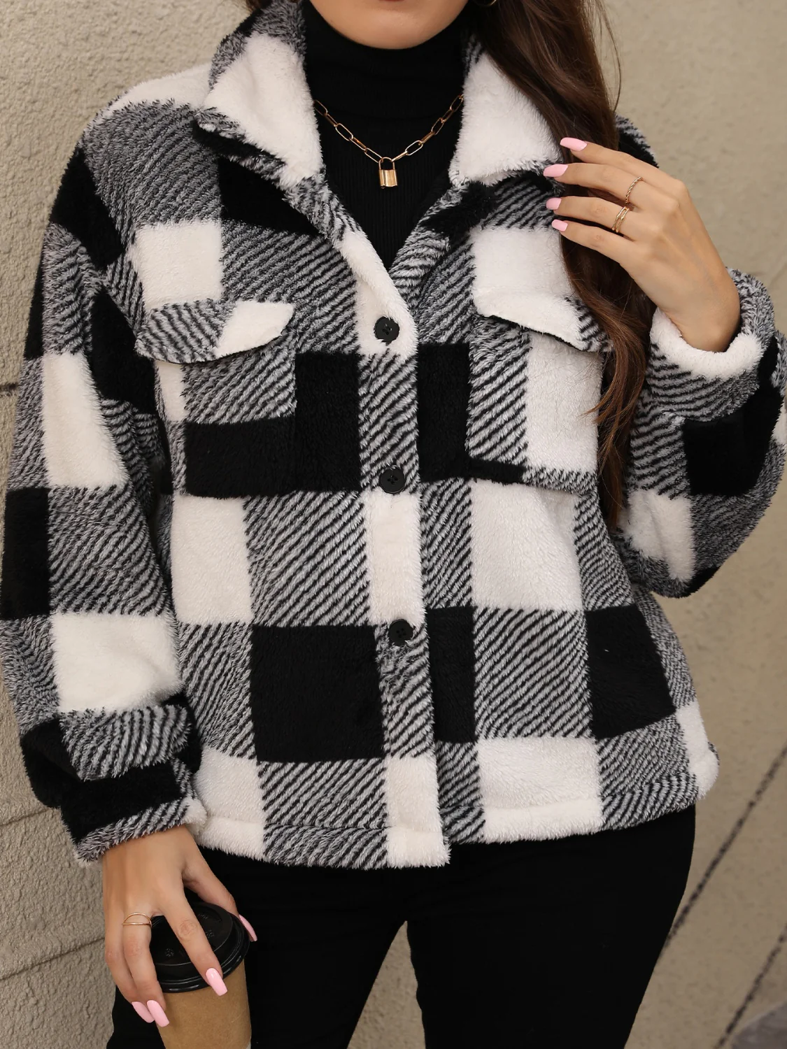 Plus Size Pocketed Plaid Collared Neck Jacket - Image 6
