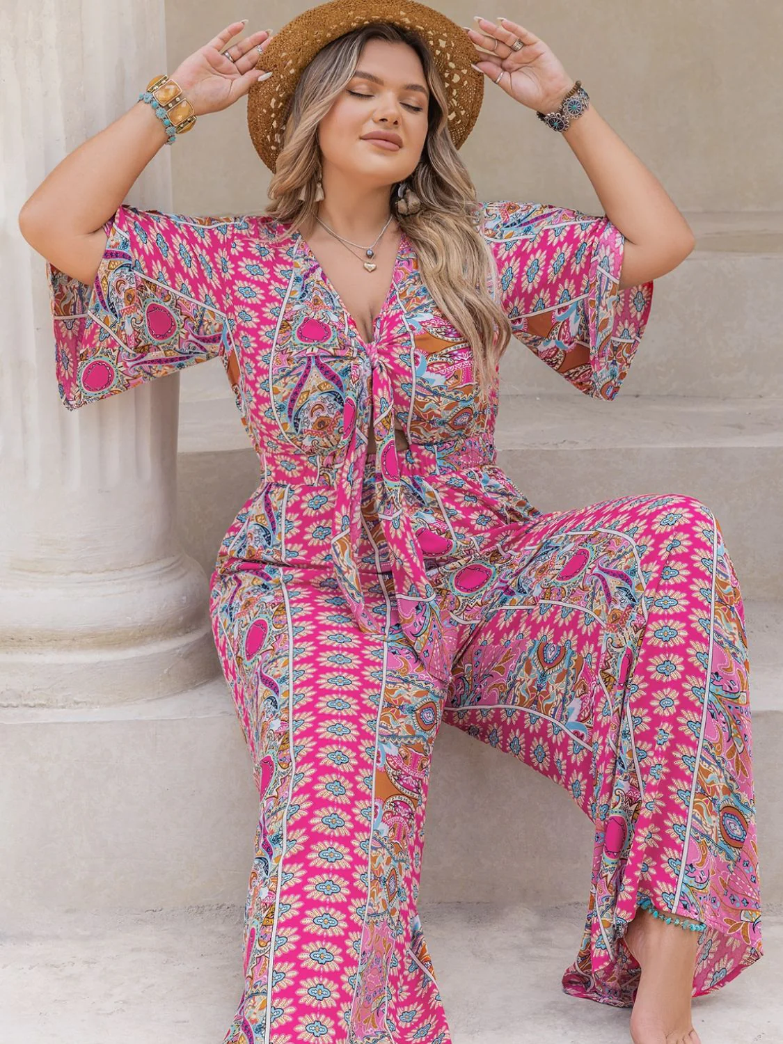 Plus Size Printed Half Sleeve Wide Leg Jumpsuit - Image 4