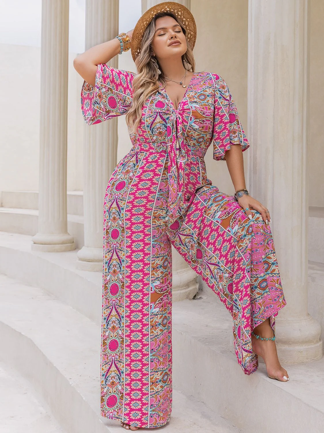 Plus Size Printed Half Sleeve Wide Leg Jumpsuit - Image 5