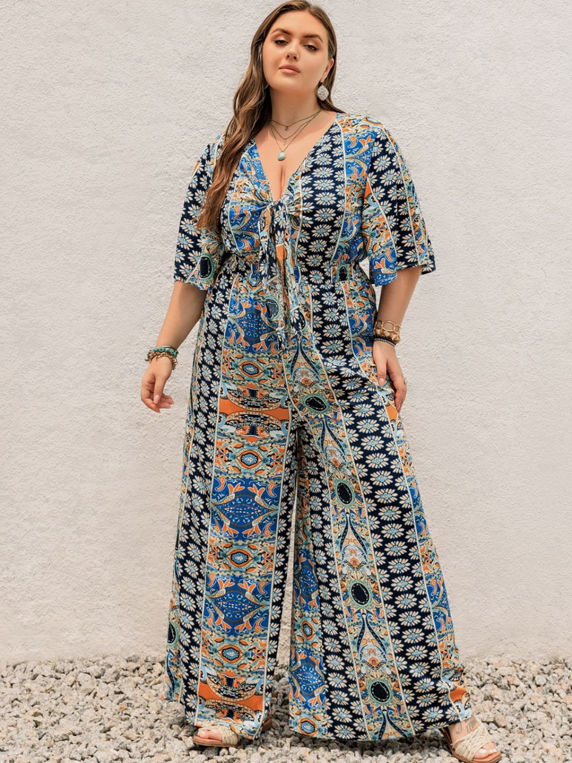 Plus Size Printed Half Sleeve Wide Leg Jumpsuit - Image 6
