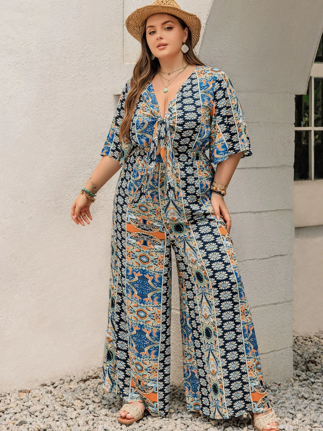 Plus Size Printed Half Sleeve Wide Leg Jumpsuit - Image 7