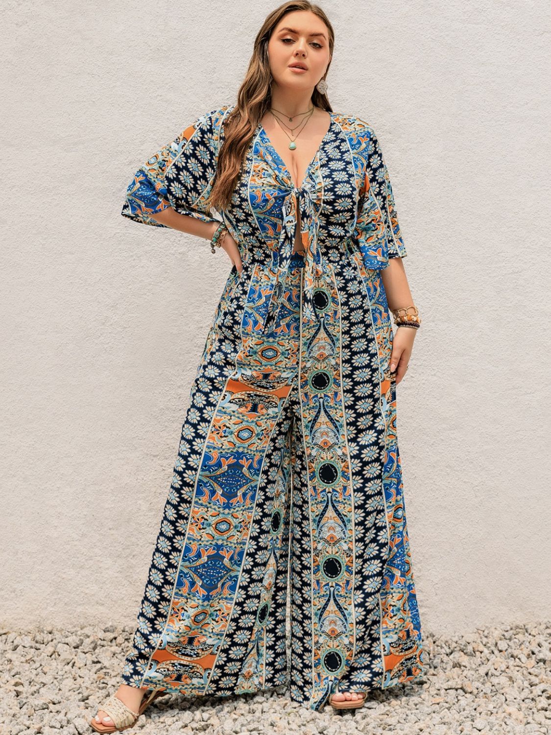 Plus Size Printed Half Sleeve Wide Leg Jumpsuit - Image 8