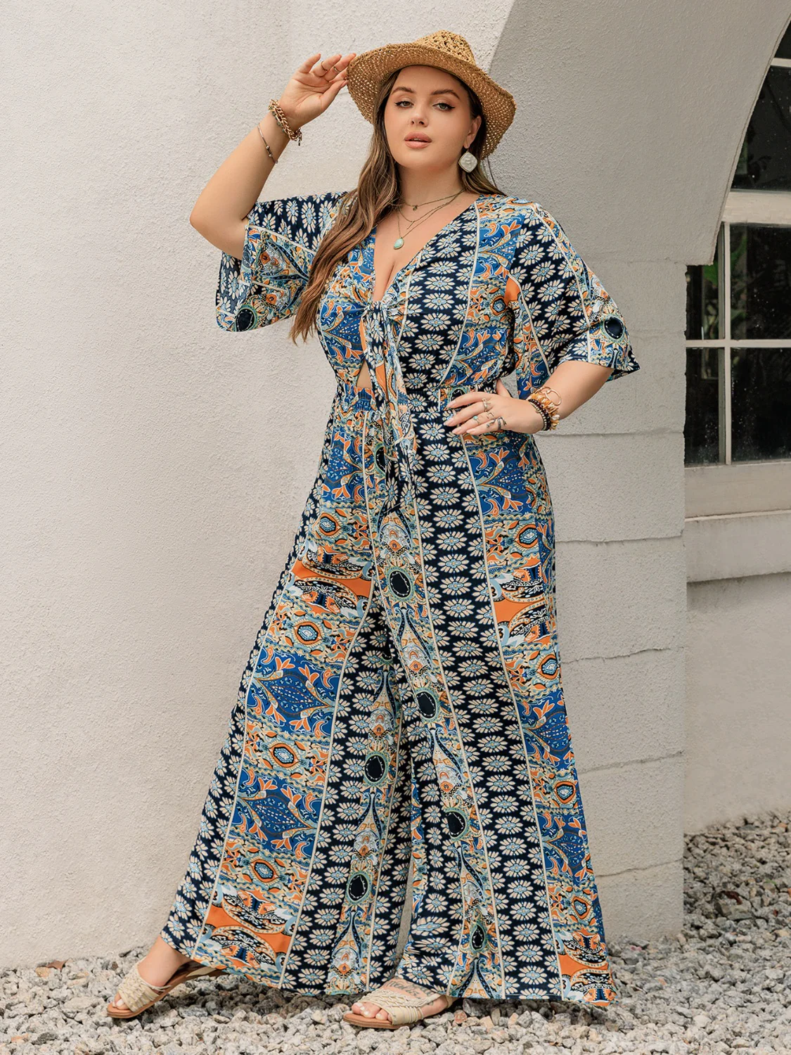 Plus Size Printed Half Sleeve Wide Leg Jumpsuit - Image 9