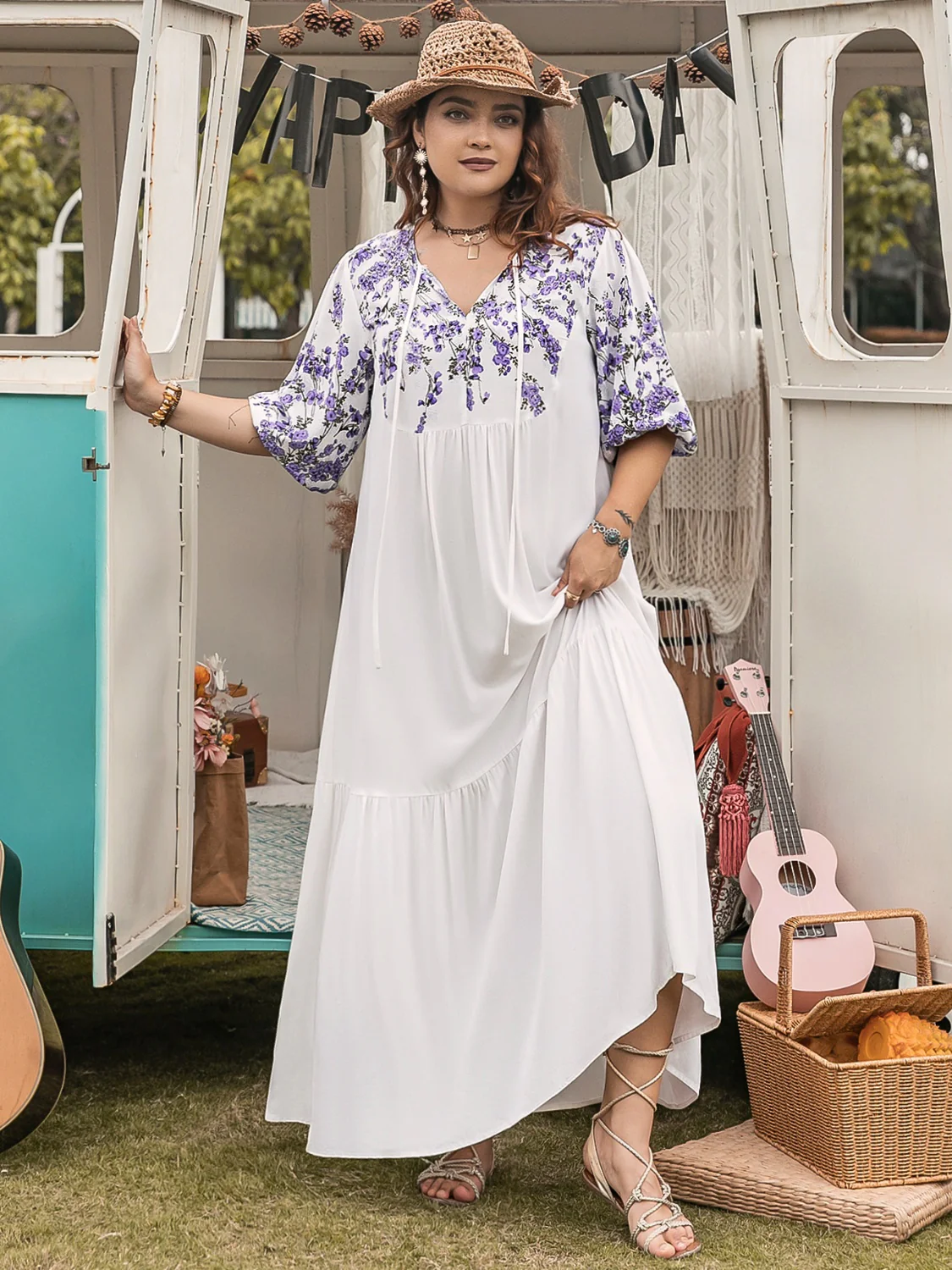 Plus Size Printed Tie Neck Half Sleeve Maxi Dress - Image 2