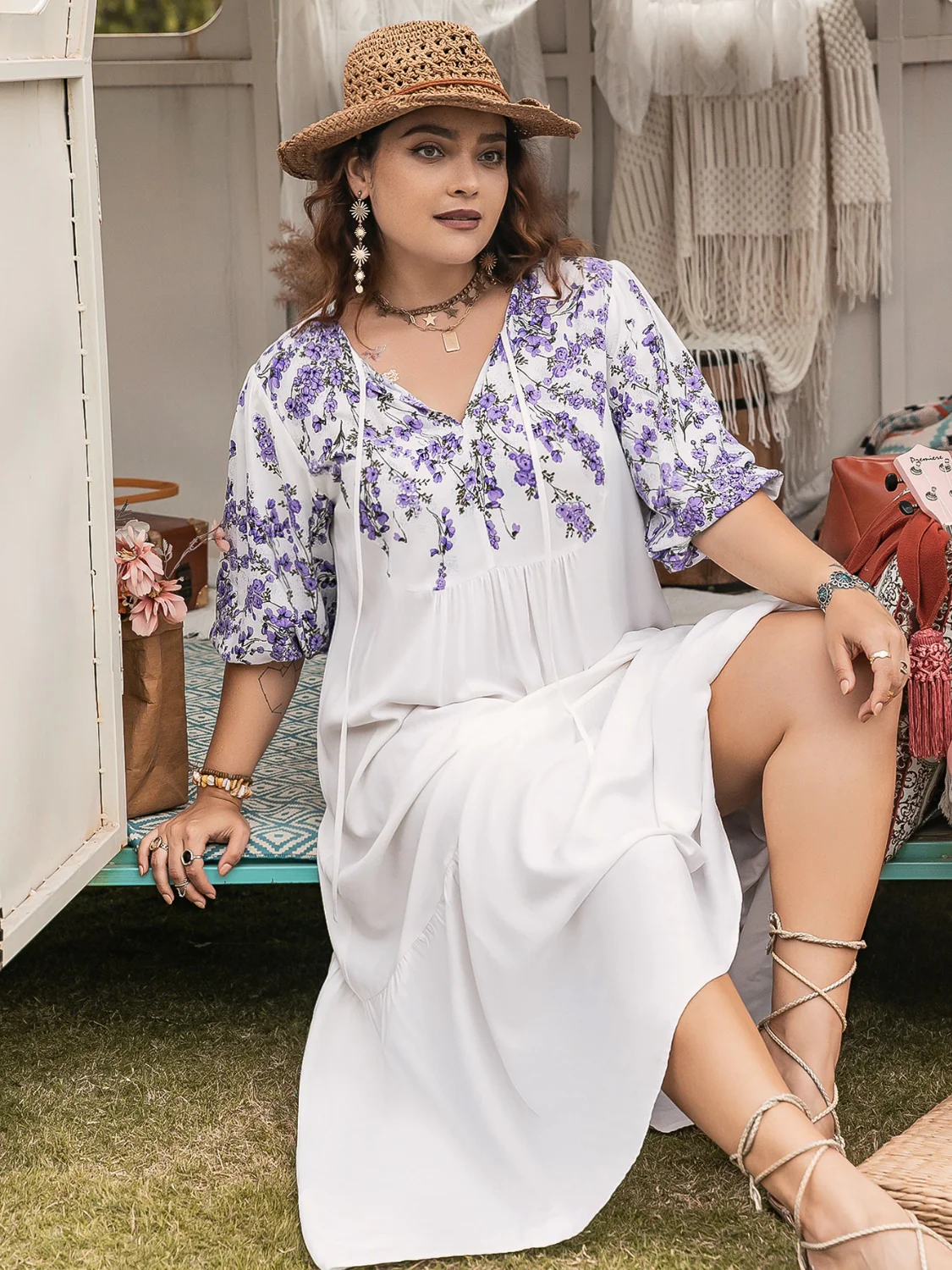 Plus Size Printed Tie Neck Half Sleeve Maxi Dress - Image 4