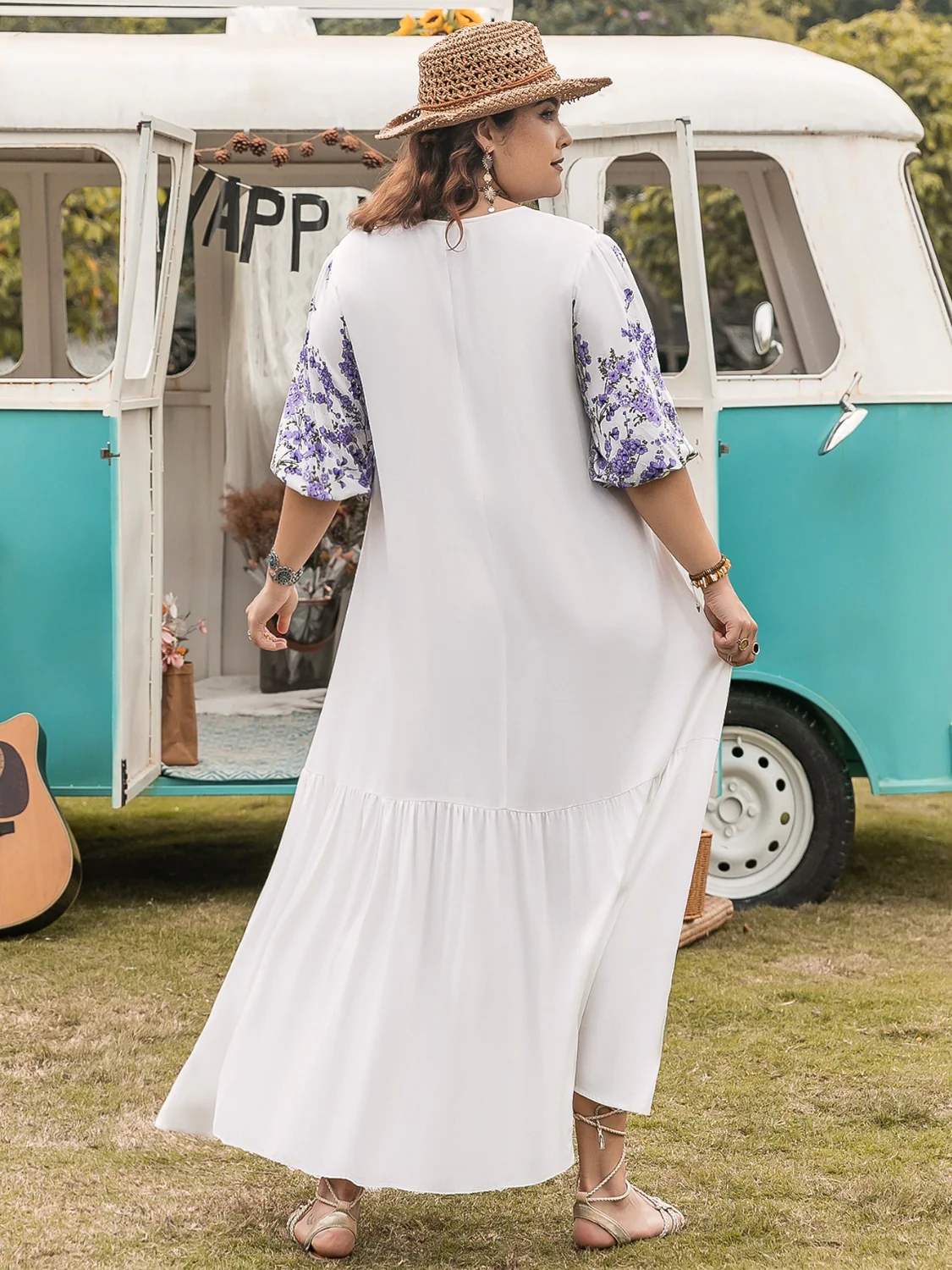 Plus Size Printed Tie Neck Half Sleeve Maxi Dress - Image 5