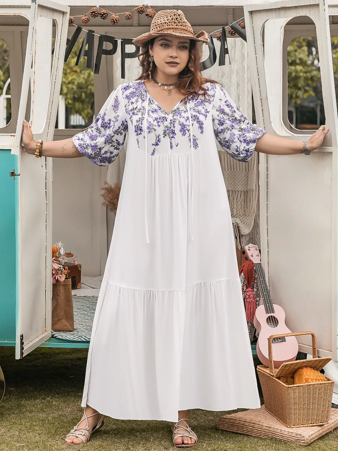 Plus Size Printed Tie Neck Half Sleeve Maxi Dress - Image 6