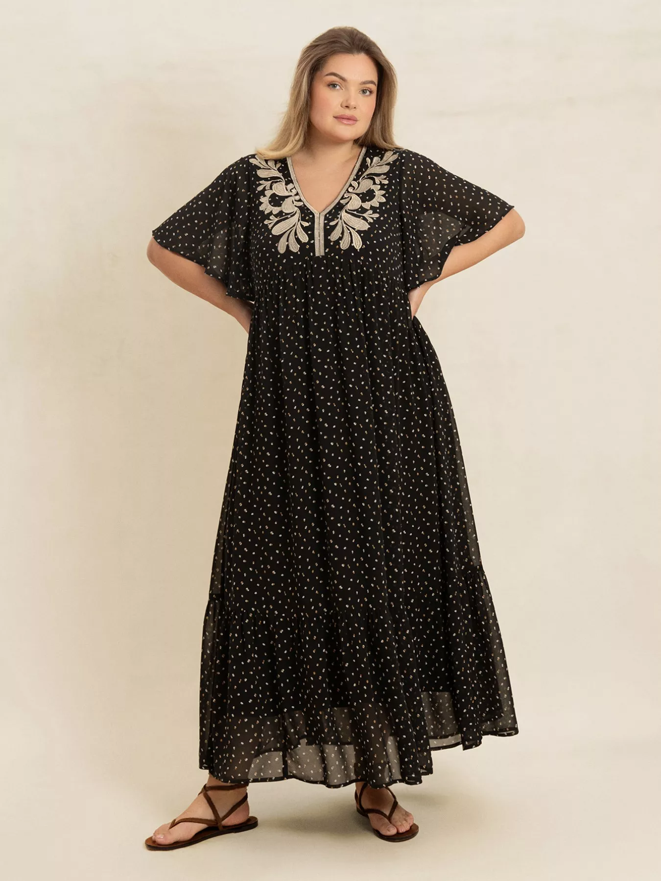 Plus Size Printed V-Neck Flutter Sleeve Maxi Dress - Image 5