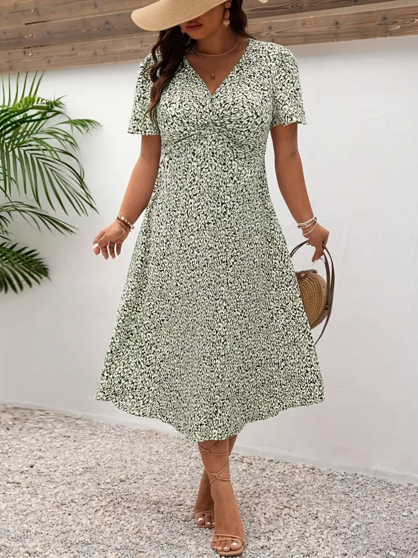 Plus Size Printed V-Neck Short Sleeve Midi Dress - Image 18