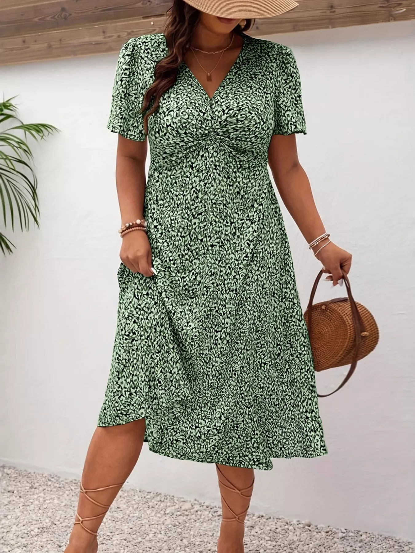Plus Size Printed V-Neck Short Sleeve Midi Dress - Image 6