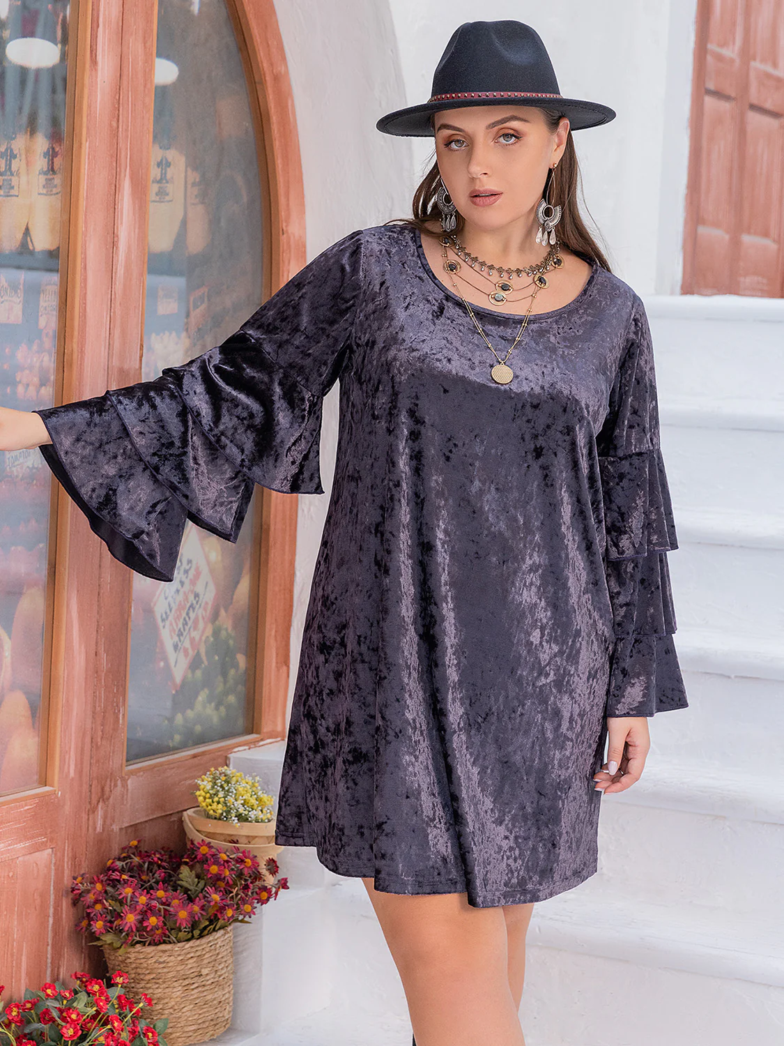 Plus Size Round Neck Flounce Sleeve Mini Dress - Image 3