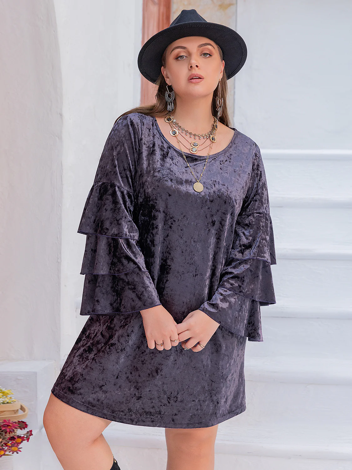 Plus Size Round Neck Flounce Sleeve Mini Dress - Image 4
