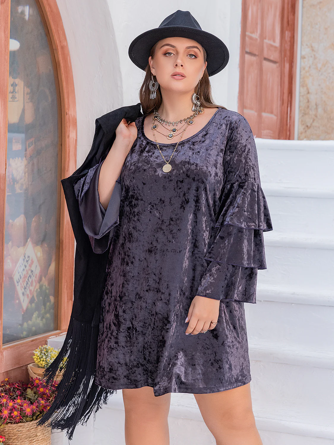 Plus Size Round Neck Flounce Sleeve Mini Dress - Image 5