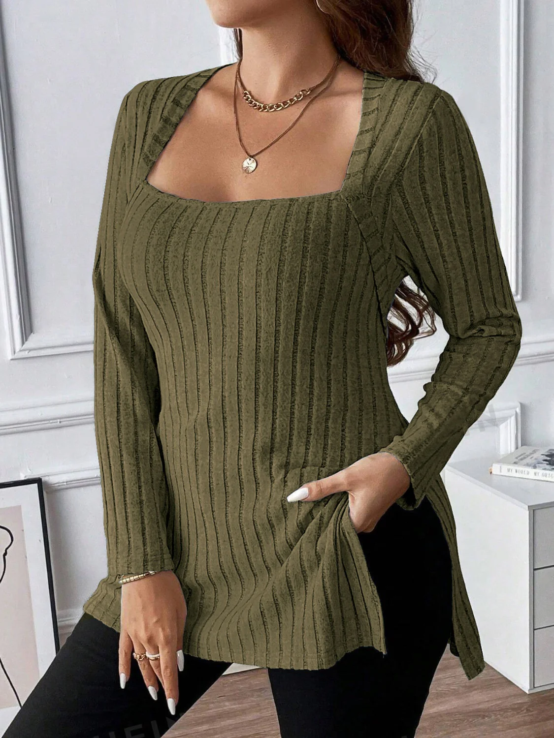 Plus Size Square Neck Long Sleeve Top - Image 2