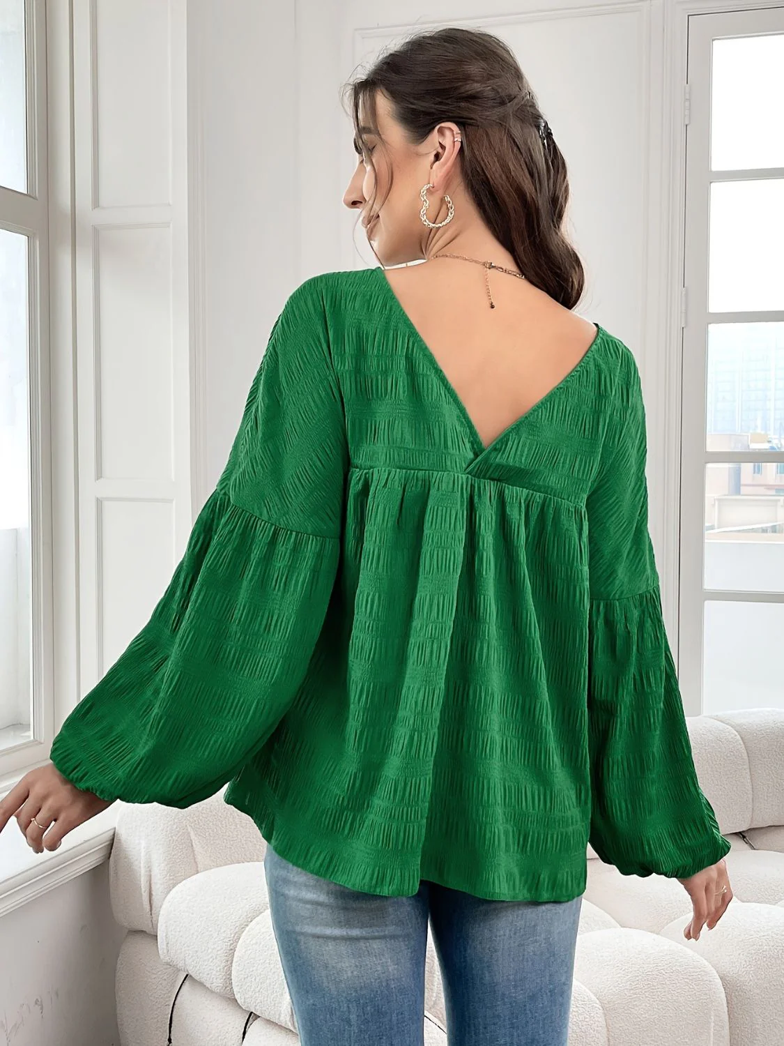 Plus Size Texture V-Neck Long Sleeve Top - Image 2