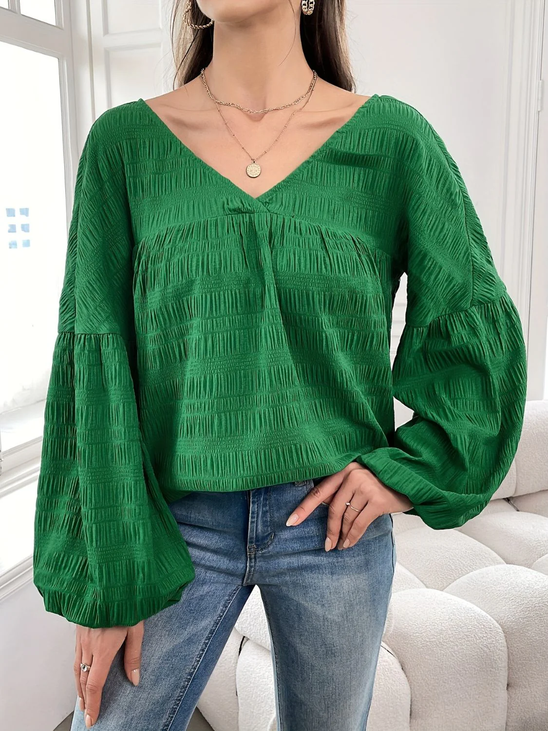 Plus Size Texture V-Neck Long Sleeve Top - Image 4