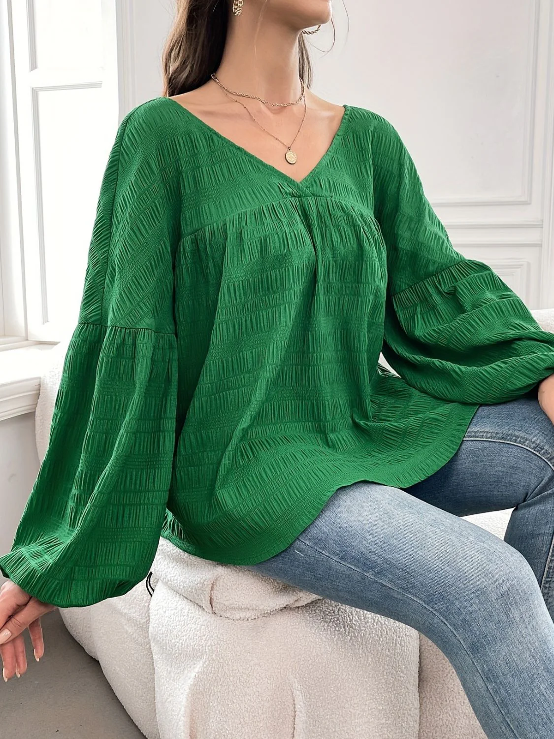 Plus Size Texture V-Neck Long Sleeve Top - Image 5