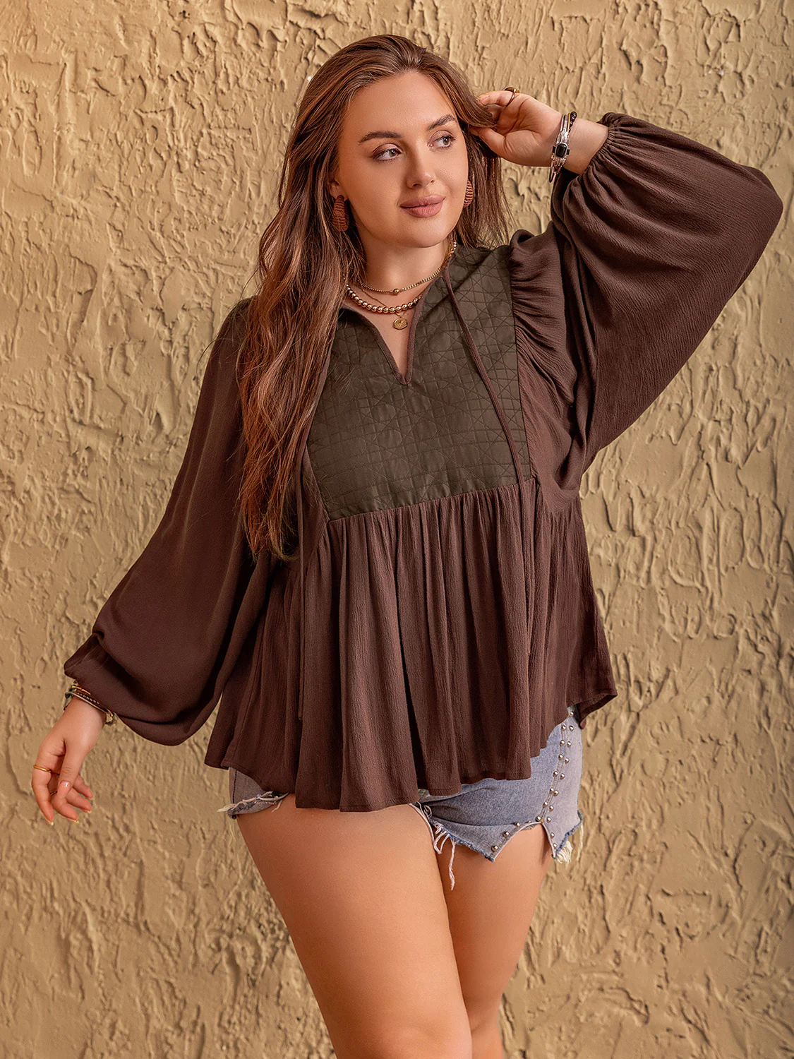 Plus Size Tie Neck Balloon Sleeve Blouse - Image 4
