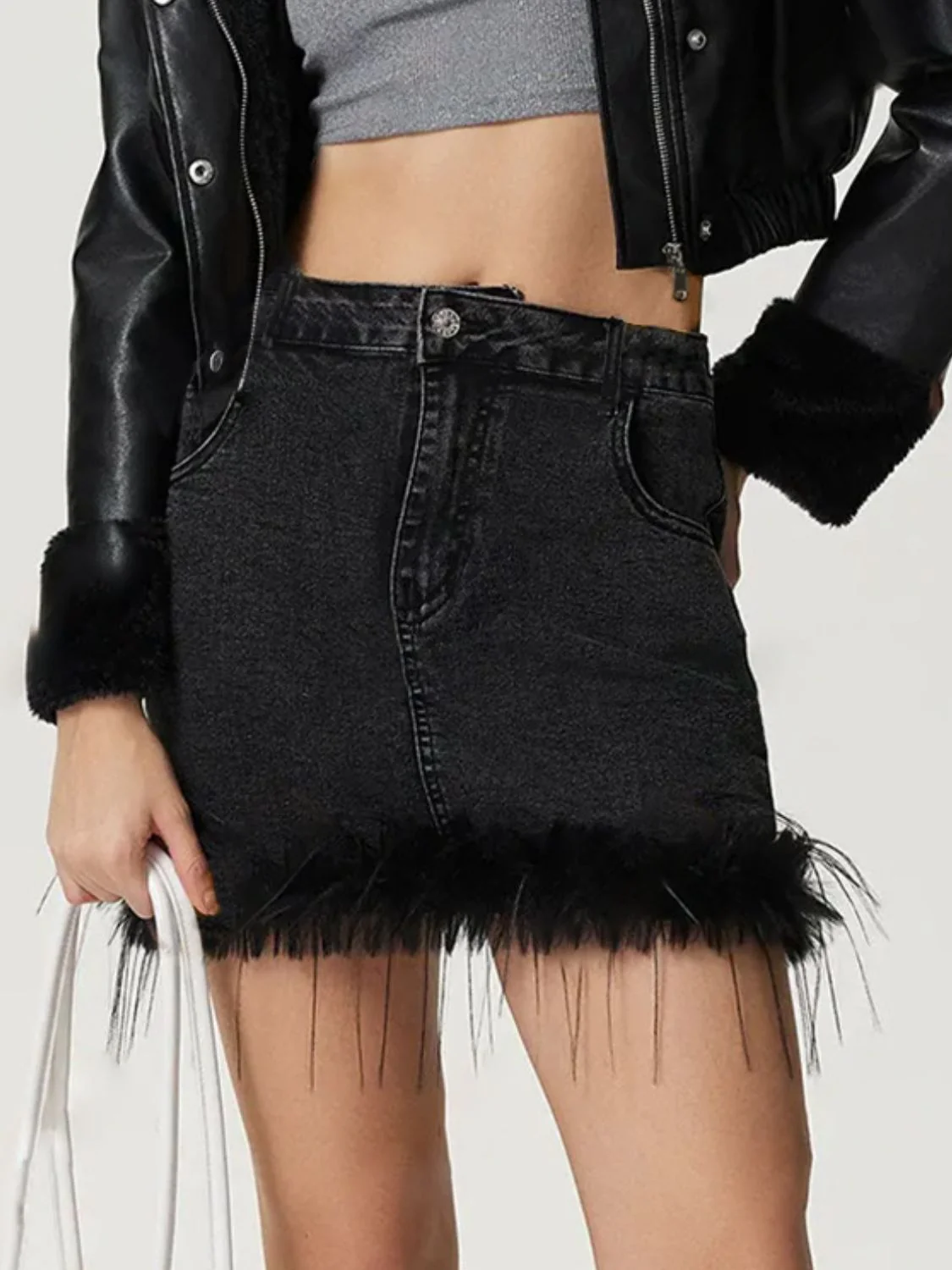 Plush Hem Mini Denim Skirt - Image 3