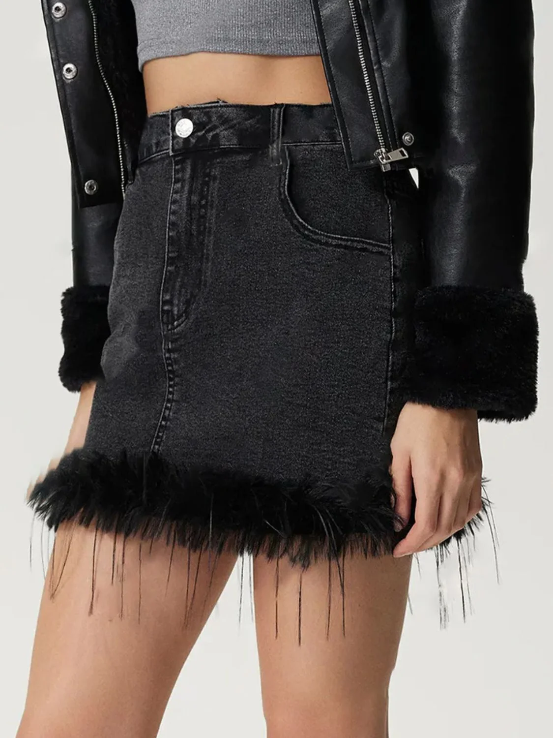 Plush Hem Mini Denim Skirt - Image 5
