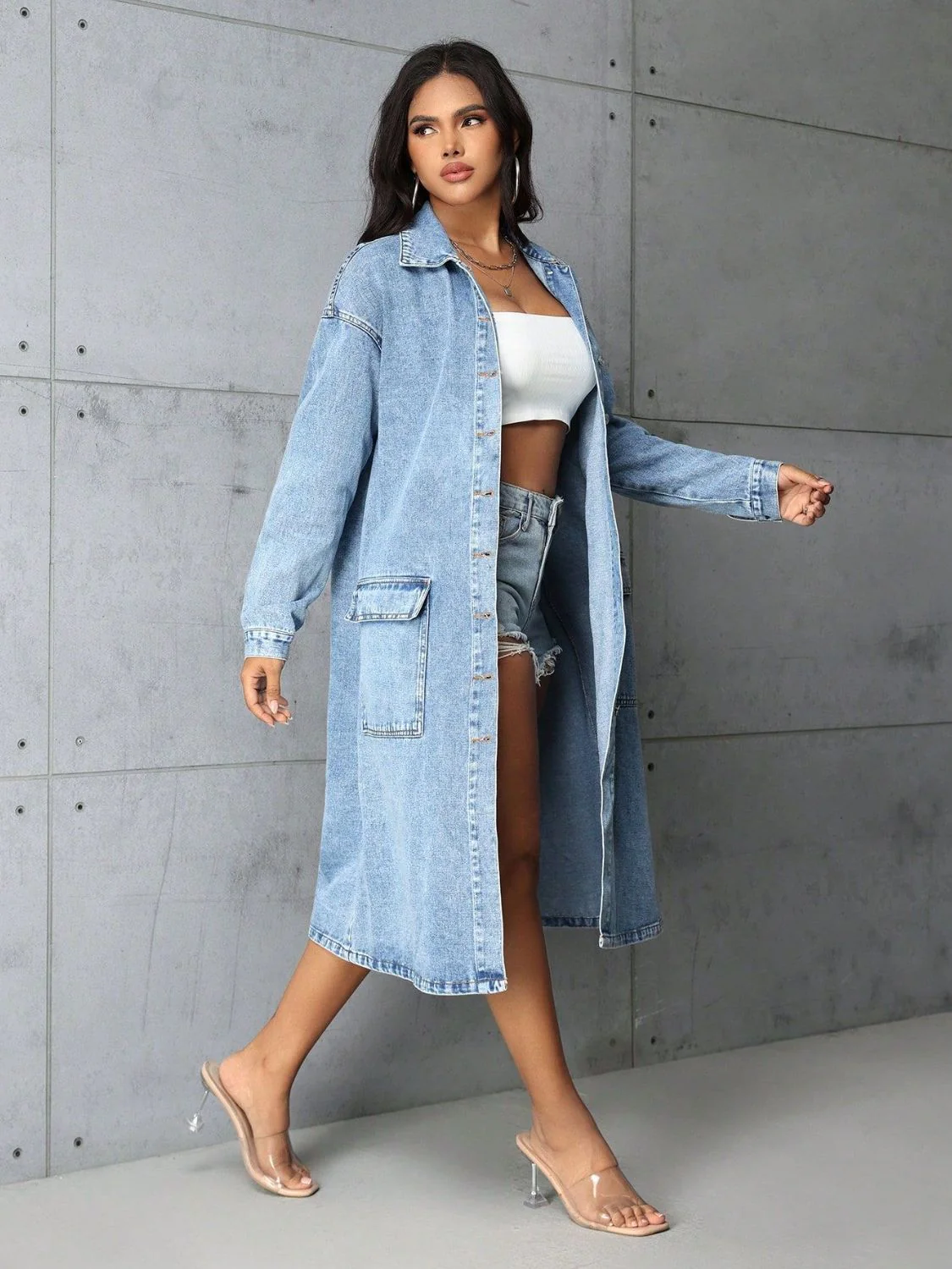 Pocketed Button Up Collared Neck Denim Top - Image 4