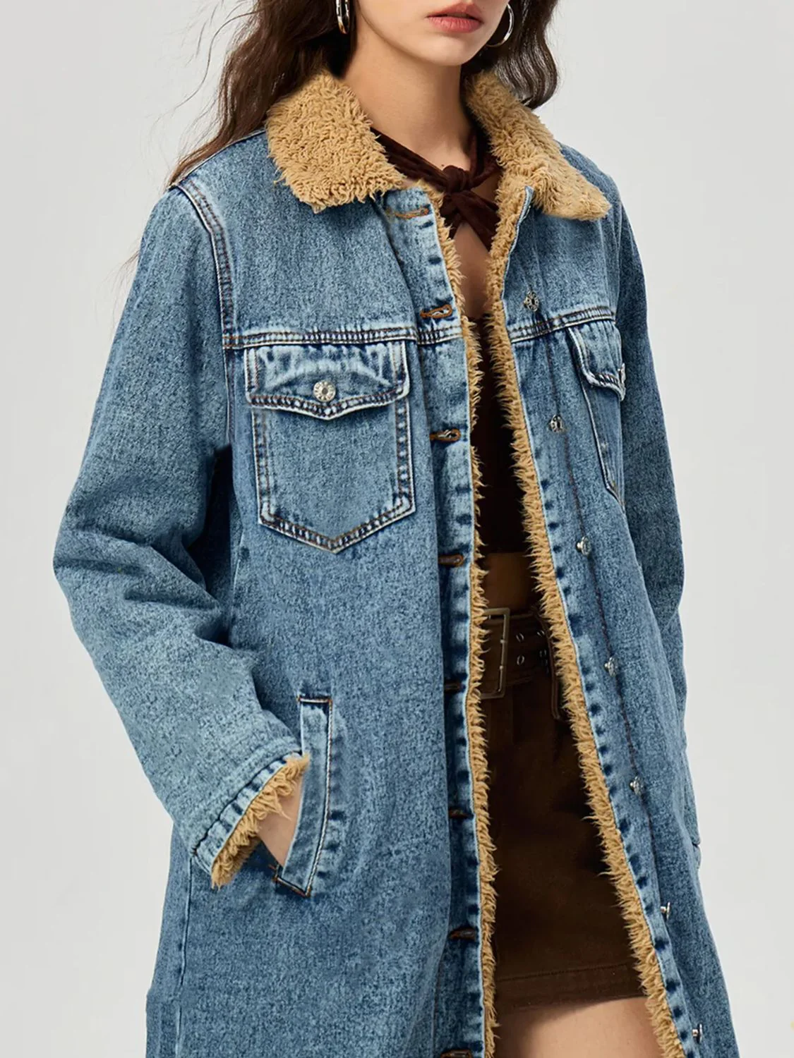 Pocketed Button Up Denim Jacket with Fur Lining - Image 2