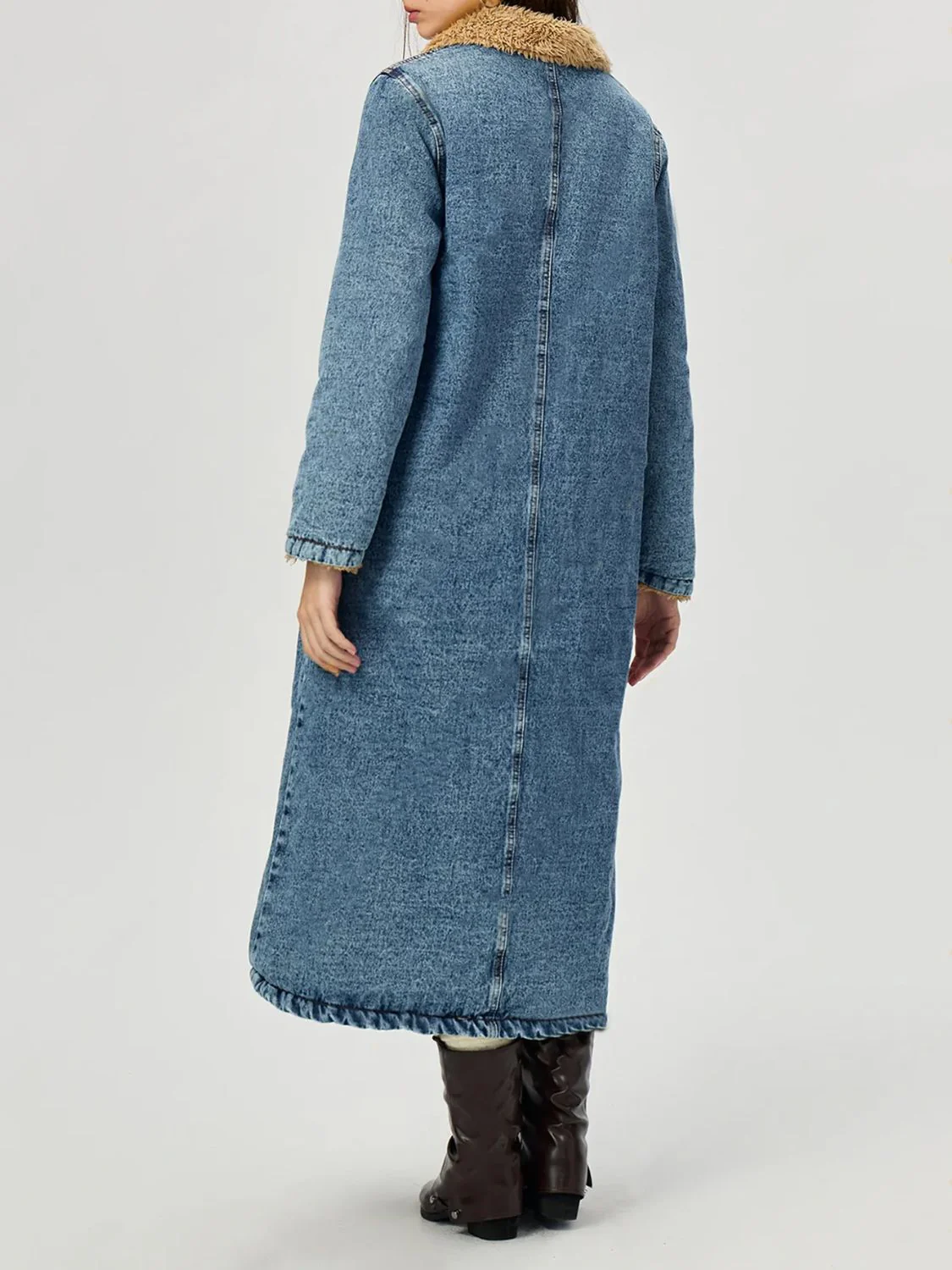 Pocketed Button Up Denim Jacket with Fur Lining - Image 3