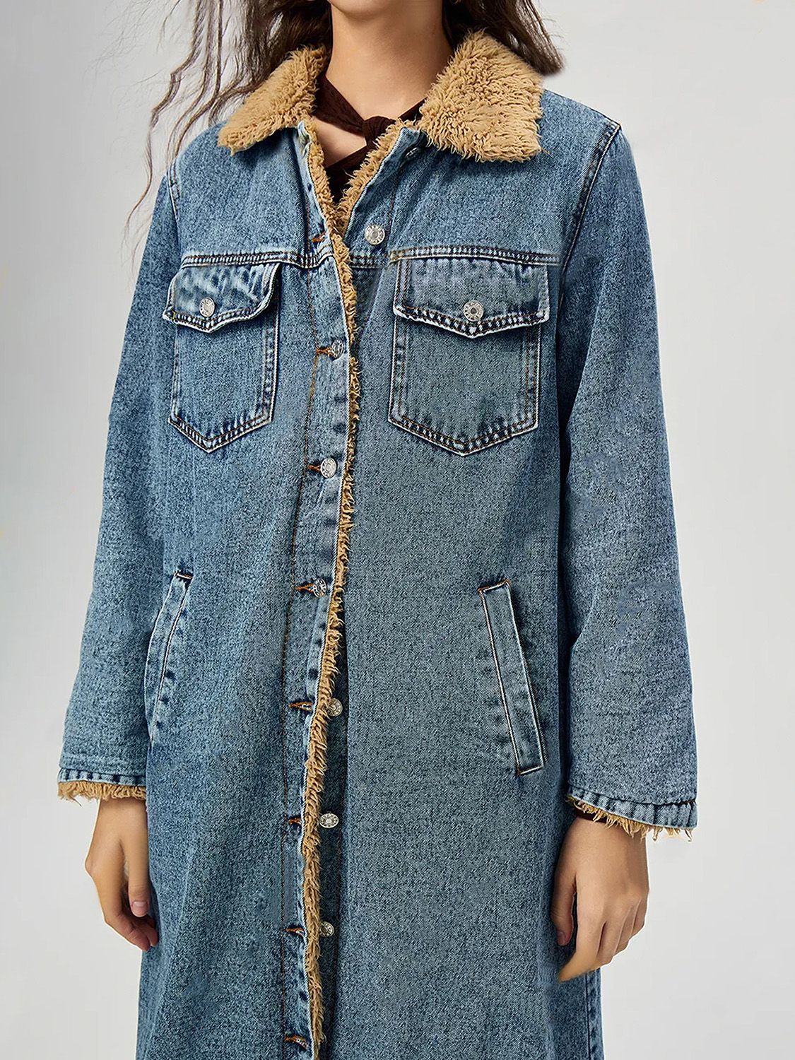 Pocketed Button Up Denim Jacket with Fur Lining - Image 5