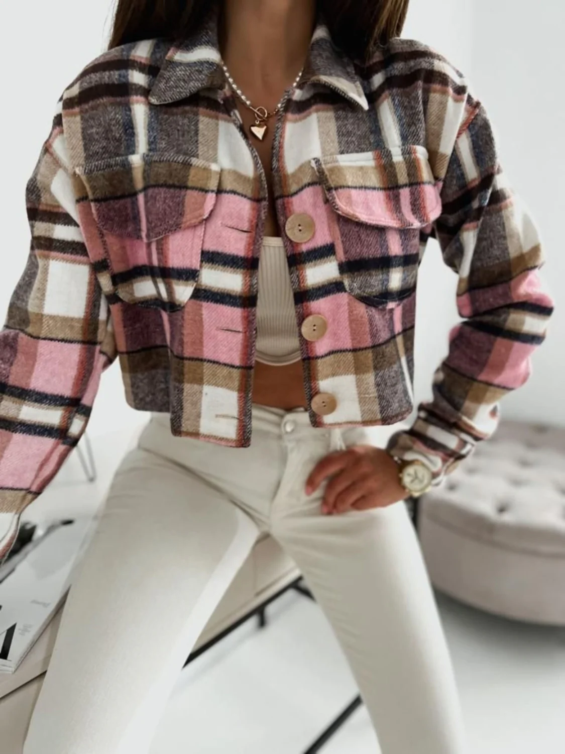 Pocketed Collared Neck Long Sleeve Plaid Jacket - Image 2