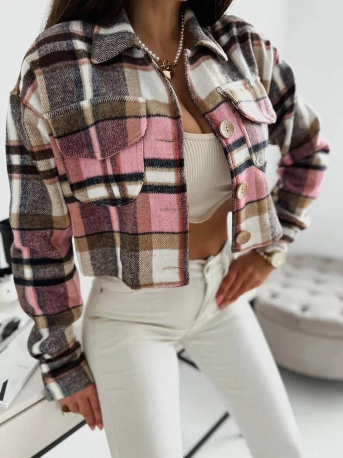 Pocketed Collared Neck Long Sleeve Plaid Jacket - Image 4