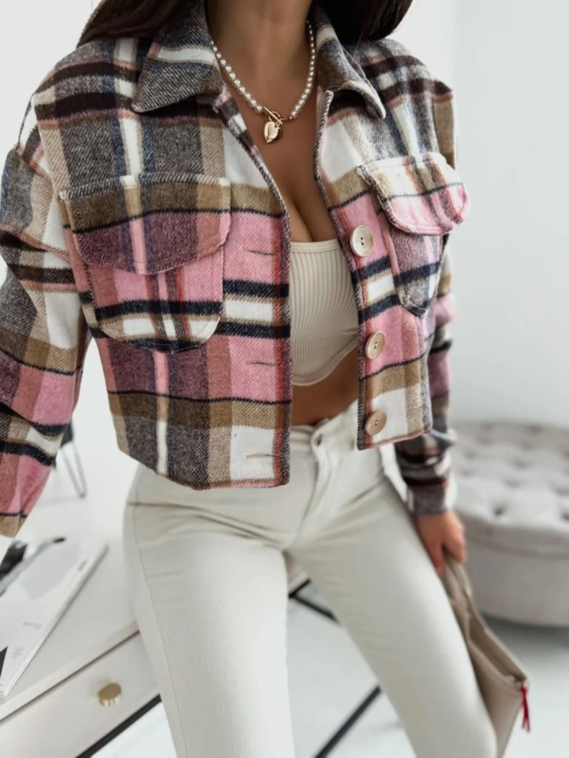 Pocketed Collared Neck Long Sleeve Plaid Jacket - Image 5
