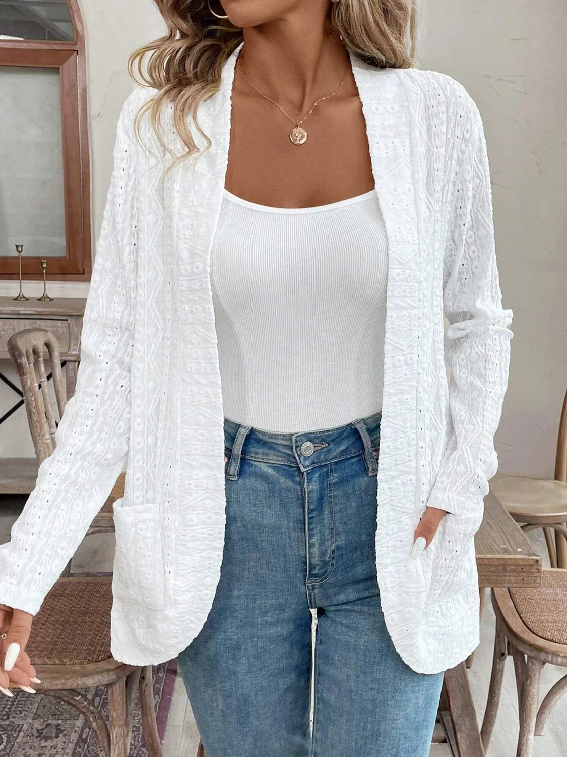 Pocketed Eyelet Open Front Cover Up