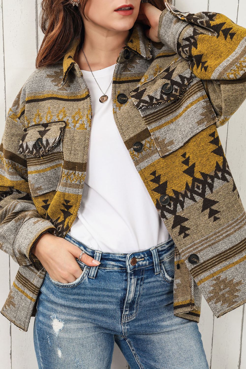 Pocketed Geometric Collared Neck Jacket - Image 4