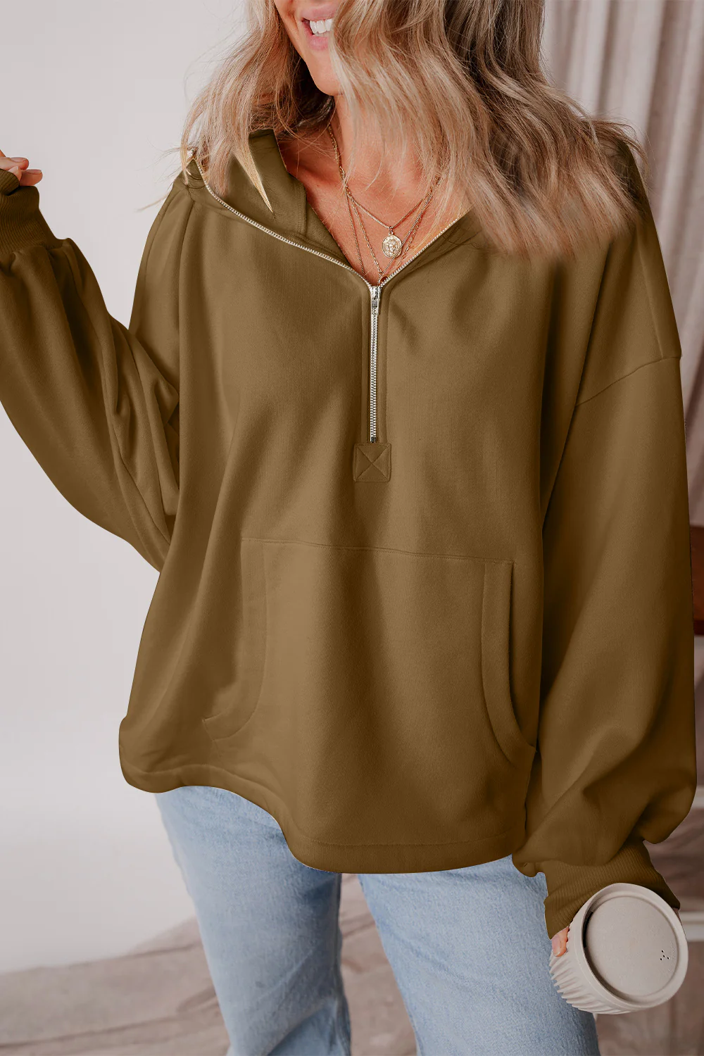 Pocketed Half Zip Dropped Shoulder Hoodie - Image 10