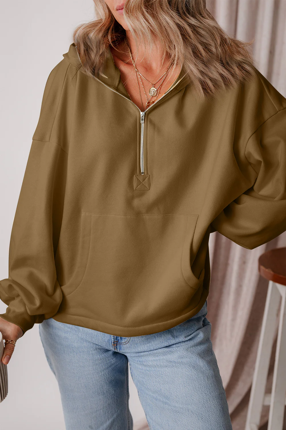 Pocketed Half Zip Dropped Shoulder Hoodie - Image 11