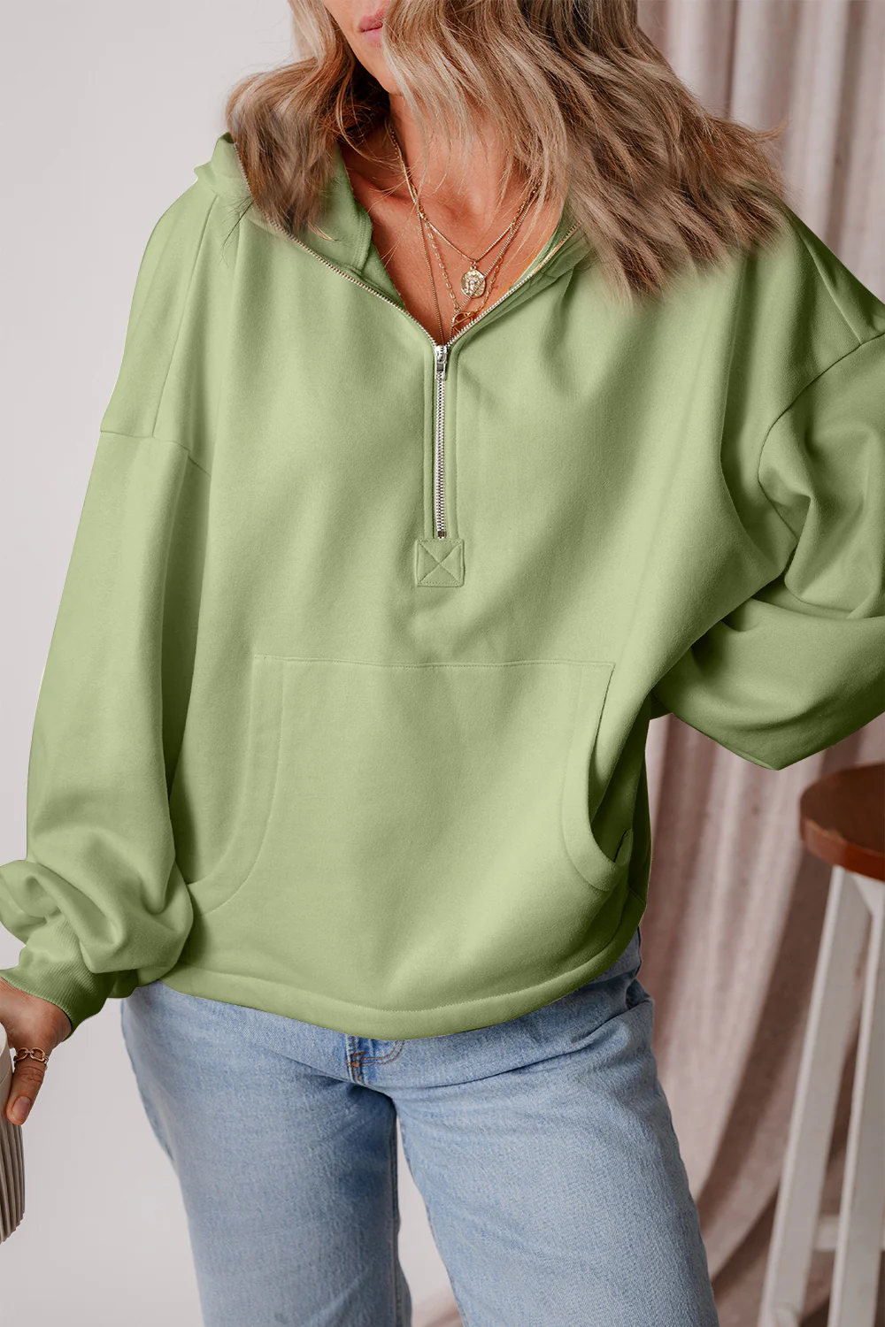 Pocketed Half Zip Dropped Shoulder Hoodie - Image 13