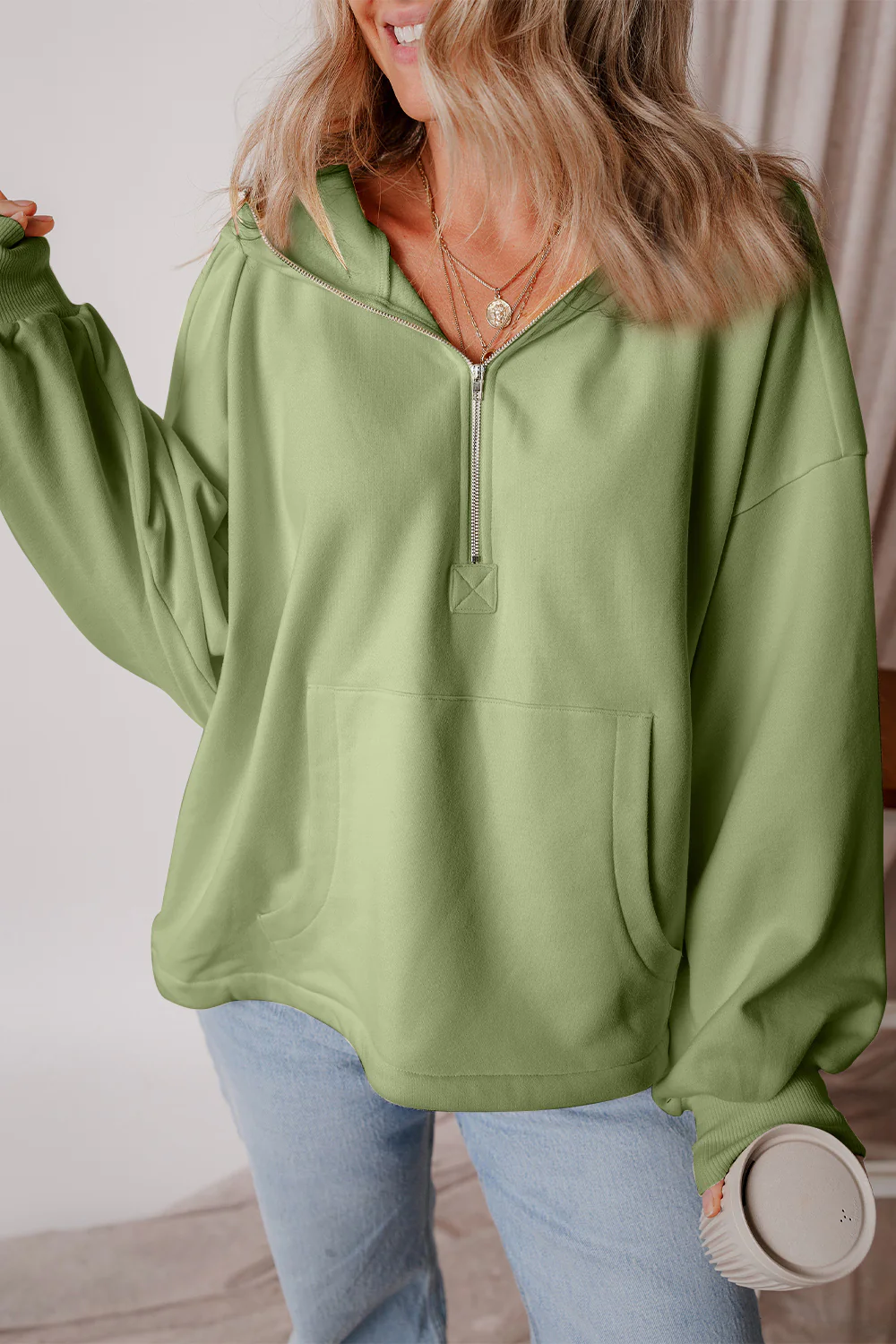 Pocketed Half Zip Dropped Shoulder Hoodie - Image 14