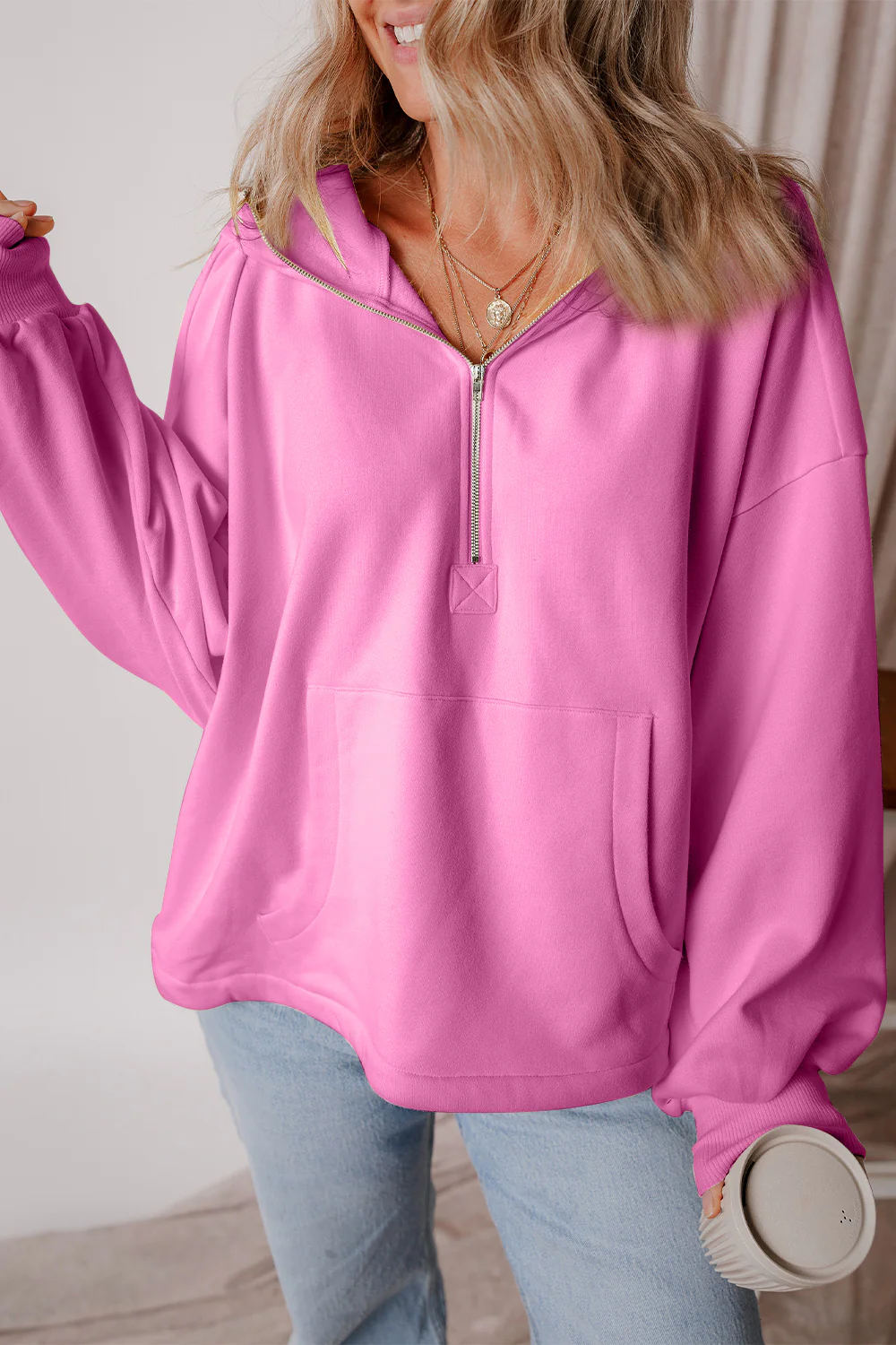 Pocketed Half Zip Dropped Shoulder Hoodie - Image 16