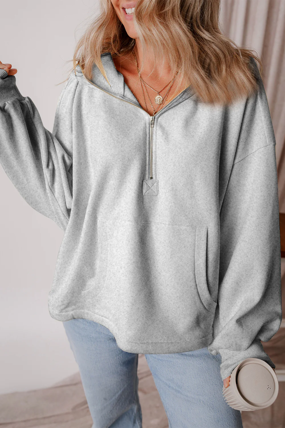 Pocketed Half Zip Dropped Shoulder Hoodie - Image 2