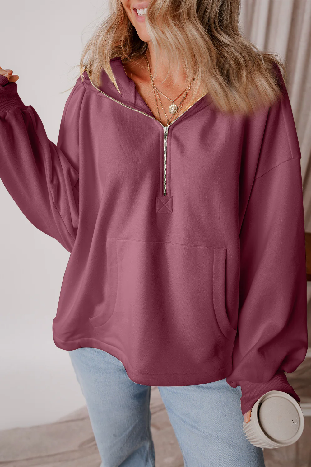Pocketed Half Zip Dropped Shoulder Hoodie - Image 20