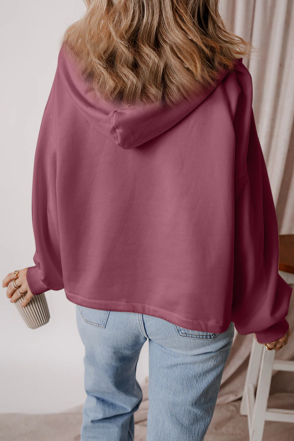 Pocketed Half Zip Dropped Shoulder Hoodie - Image 21