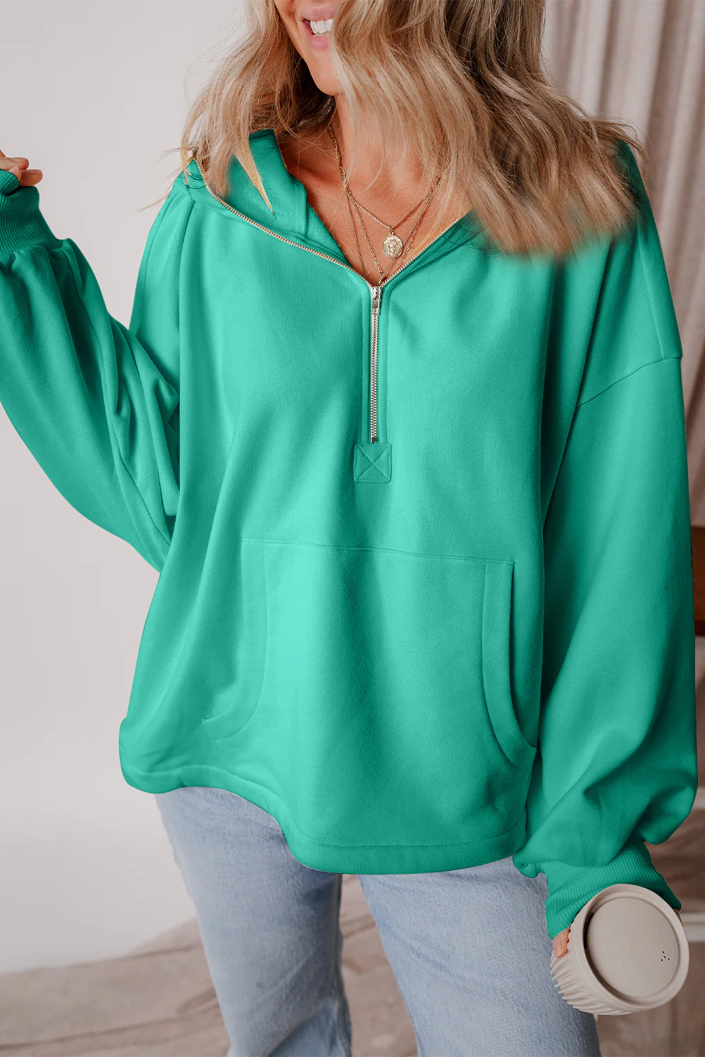Pocketed Half Zip Dropped Shoulder Hoodie - Image 22