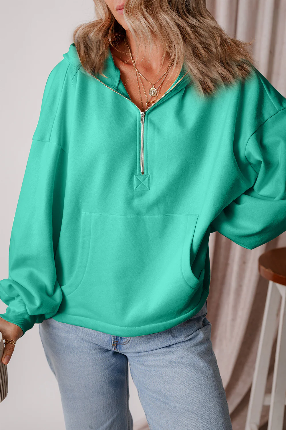 Pocketed Half Zip Dropped Shoulder Hoodie - Image 23
