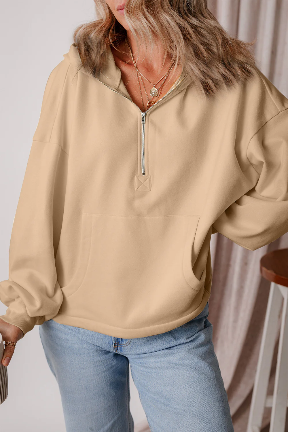 Pocketed Half Zip Dropped Shoulder Hoodie - Image 25