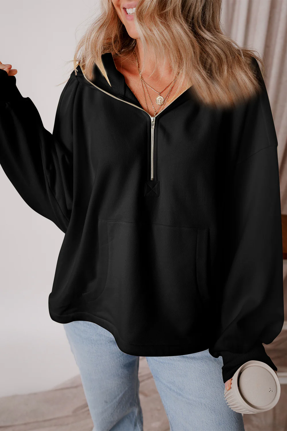 Pocketed Half Zip Dropped Shoulder Hoodie - Image 28