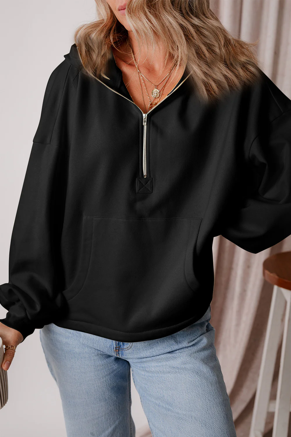 Pocketed Half Zip Dropped Shoulder Hoodie - Image 29