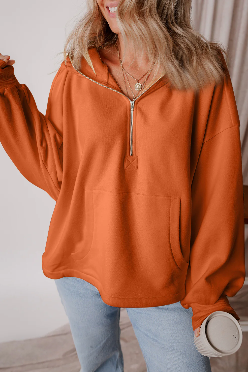 Pocketed Half Zip Dropped Shoulder Hoodie - Image 4