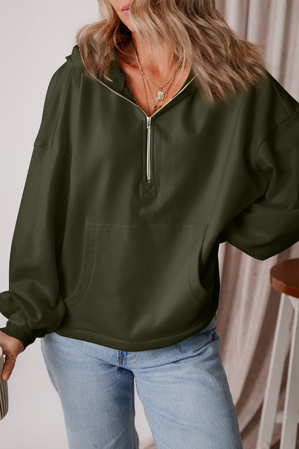 Pocketed Half Zip Dropped Shoulder Hoodie - Image 7