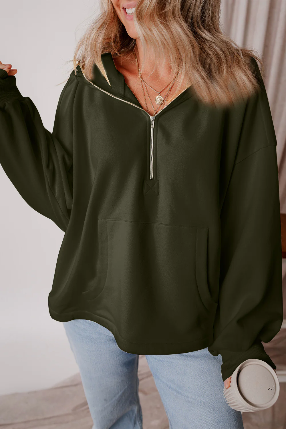 Pocketed Half Zip Dropped Shoulder Hoodie - Image 8